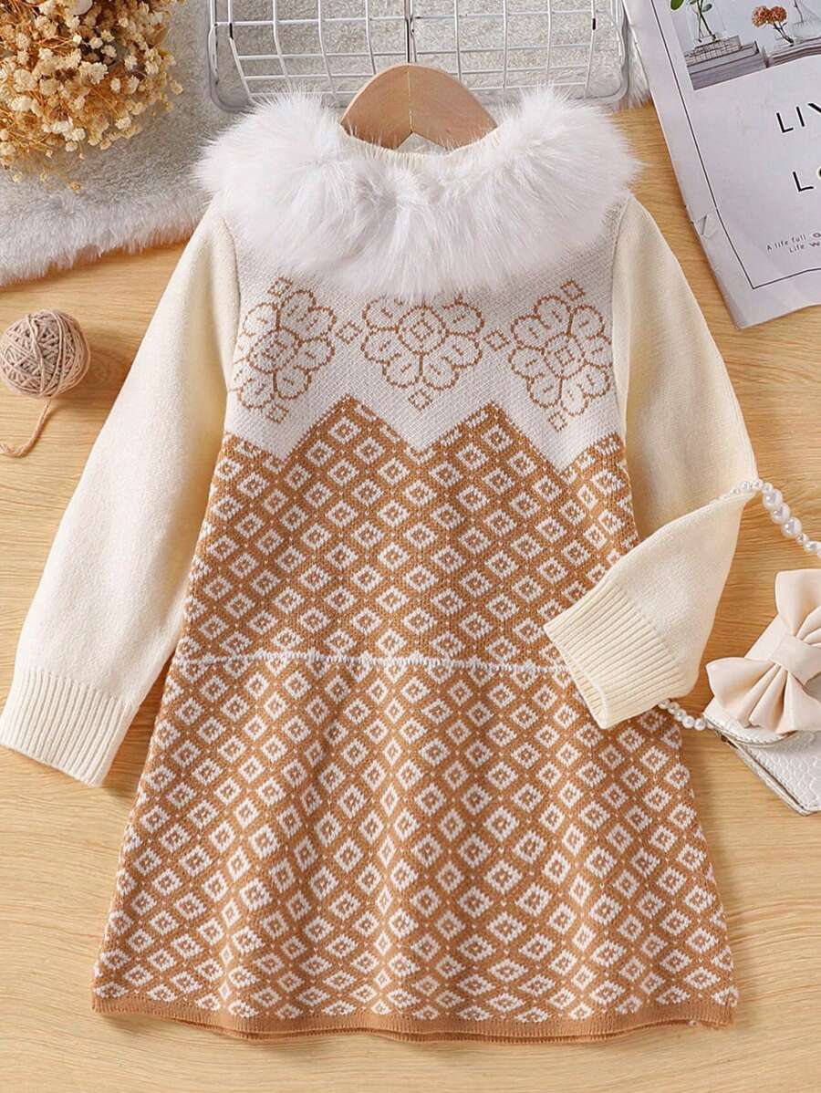 SHEIN Váy Jacquard in họa tiết toàn thân phong cách quốc gia cho bé gái có cổ bồng bềnh, váy dài tay dệt kim mềm mại thích hợp mặc hàng ngày - Màu be - Xem 1