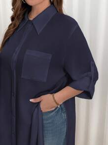SHEIN Essnce 大码秋季衬衫裙、长袖衬衫长裙、白色连衣裙、夏季女装连衣裙、女式衬衫秋季女装女长袍、高个子女士商务休闲女装、有领女士衬衫办公室装长袖衬衫 - 藏蓝色 - 查看 6