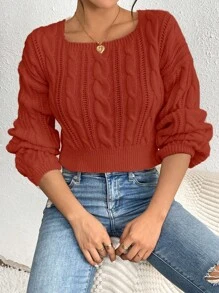 Chiquease 女士纯色圆领长袖简约毛衣，秋冬休闲日常穿着 - 亮橙色 - 查看 4