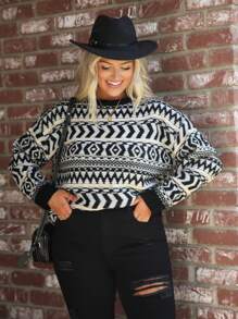 SHEIN LUNE Plus Size Jacquard Textured Round Neck Sweater,Black And White Floral Design Raised Patterns,Boho Autumn Winter Clothes,Western Woman Fall Tops - Multicolor - View 7