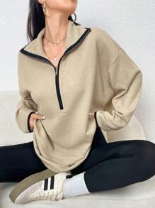 Mulvari 女士翻领拉链长袖针织运动衫 - 卡其色 - 查看 3