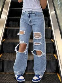 Women's Light-Colored Distressed Straight-Leg Jeans - Light Wash - View 5