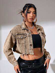 SHEIN ICON Áo khoác denim tay dài giản dị màu trơn cỡ lớn có nút túi phía trước - màu nâu - Xem 4
