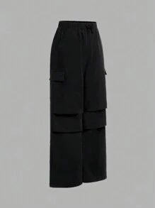 SHEIN Explorewe 2pcs Teenage Girls Casual Graphic Cropped Sweatshirt And Wide-Leg Pants Set - Black and White - View 8