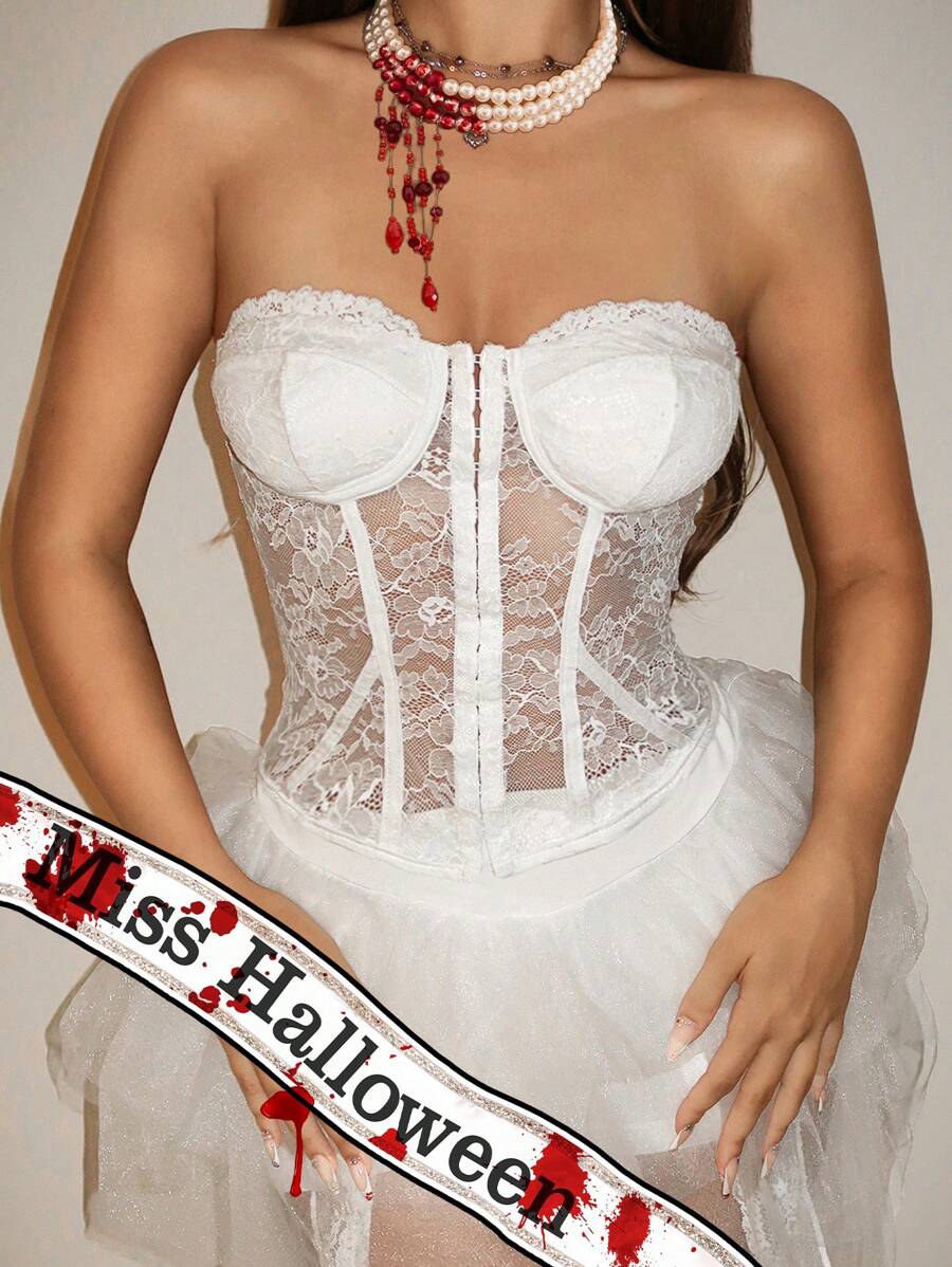 SHEIN ICON Women's Lace Halter Buttoned See-Through Blouse