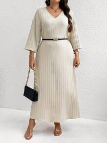 Calvaya 大码女式 V 领长袖宽松直筒褶皱连衣裙，秋季长款女装