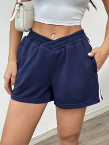 StreetHx Quần short cạp thấp đơn giản họa tiết chắp vá màu trơn dành cho nữ - Xanh đậm - Xem 3