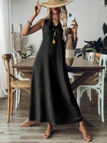 Breezaya Vestido Casual Feminino Sem Mangas, Conjunto Máxi Feminino para Férias - Preto - Visão 3