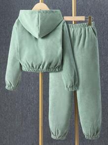 2pcs Tween Girl Solid Color Front Button Hoodie And Pants Set
