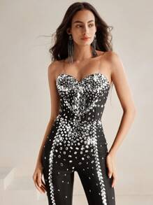 Anewsta 优雅无袖连体裤，带亮片拼布印花 - 黑色 - 查看 6