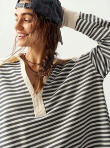 Bohemela 宽松不对称下摆半开领蓝白条纹针织休闲女式长袖T恤，秋季