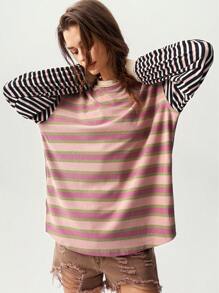 Bohemela 女士休闲针织条纹拼布设计宽松圆领运动衫秋冬 - 彩色 - 查看 5