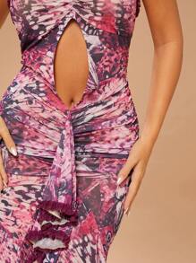Hauture Vestido maxi con recortes, estampado de mariposas y volantes - Morado - Ver 6