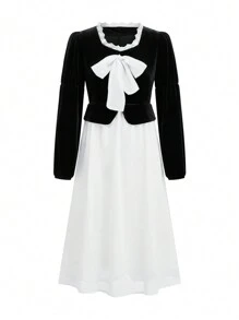 SHEIN Unity Lantern Sleeve Mesh Dress With Bow Decoration Fall Cloth For Women - Black and White - View 3