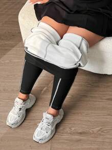 SHEIN EZwear Leggings sencillos de diario de talla grande con rayas de color contrastante