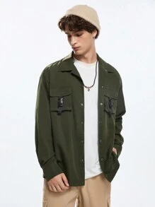 Mainfolk Men's Woven Fashionable Casual Loose Solid Color Long Sleeve Shacket, For Fall Winter - Army Green - View 3