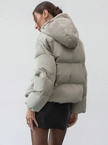 Aloruh 女士连帽高领拉链蓬松宽松夹棉大衣，秋冬款 - 綠色 - 查看 2
