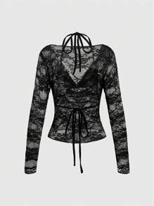 ROMWE Goth Conjunto de lencería de 2 piezas con top de cuello pronunciado de encaje y bikini de encaje con estilo Y2K sexy para dama