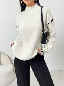 Mulvari Women Contrast Color Crew Neck Long Sleeve Casual Sweater - Apricot - View 6