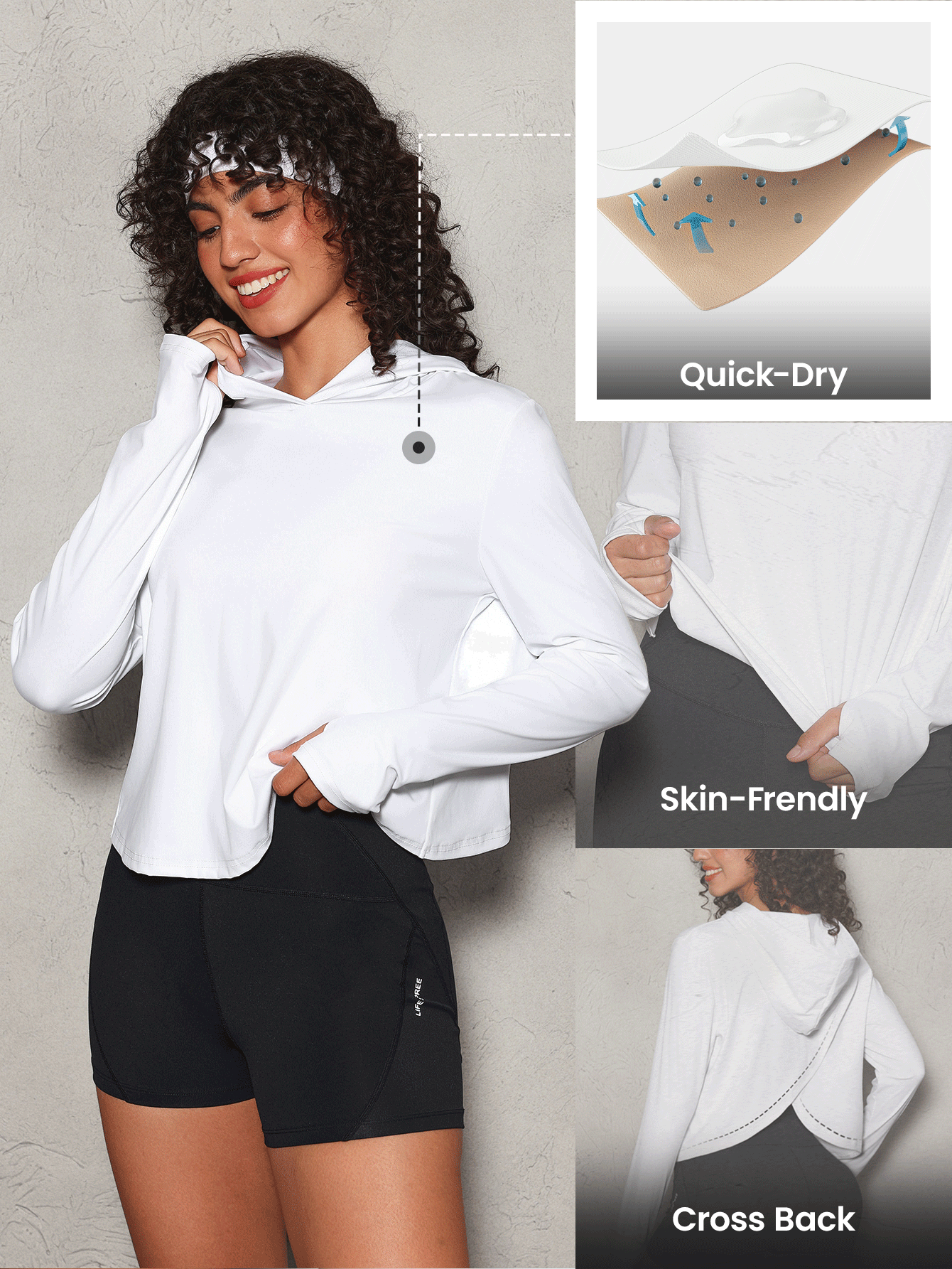 Lifespree Áo nỉ thể thao trùm đầu dài tay màu trơn cho nữ thiết kế quấn sau lưng - trắng - Xem 3