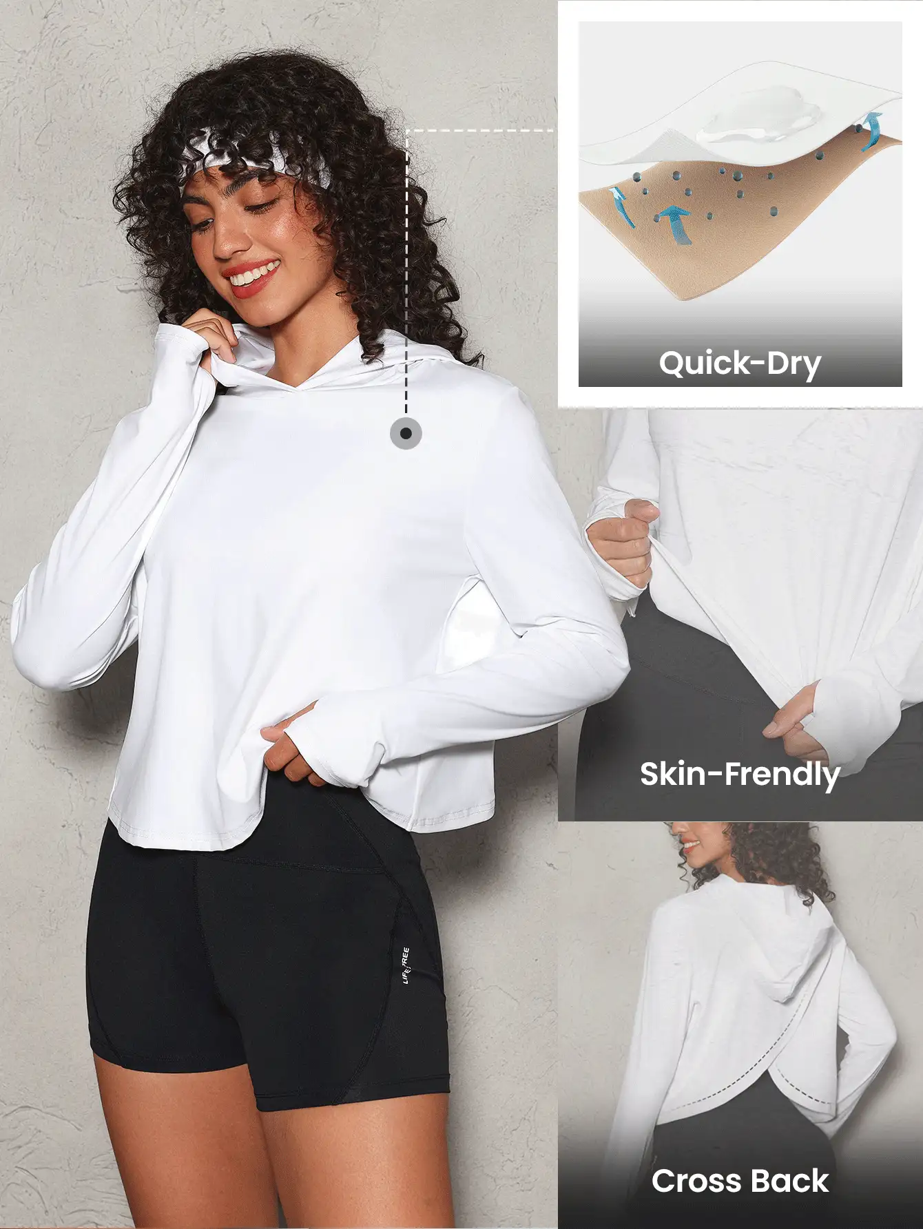 Lifespree Áo nỉ thể thao trùm đầu dài tay màu trơn cho nữ thiết kế quấn sau lưng - trắng - Xem 3