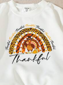 SHEIN Áo nỉ dệt kim dài tay cổ tròn in họa tiết gà tây và da báo cho bé gái nhân ngày lễ Tạ ơn vào mùa thu/đông - trắng - Xem 5