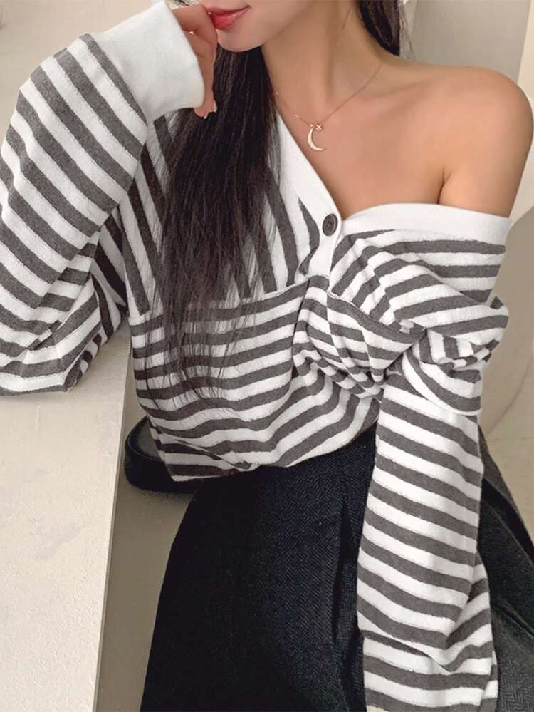 Women's Casual V-Neck Colorblock Striped Sweatshirt, Autumn