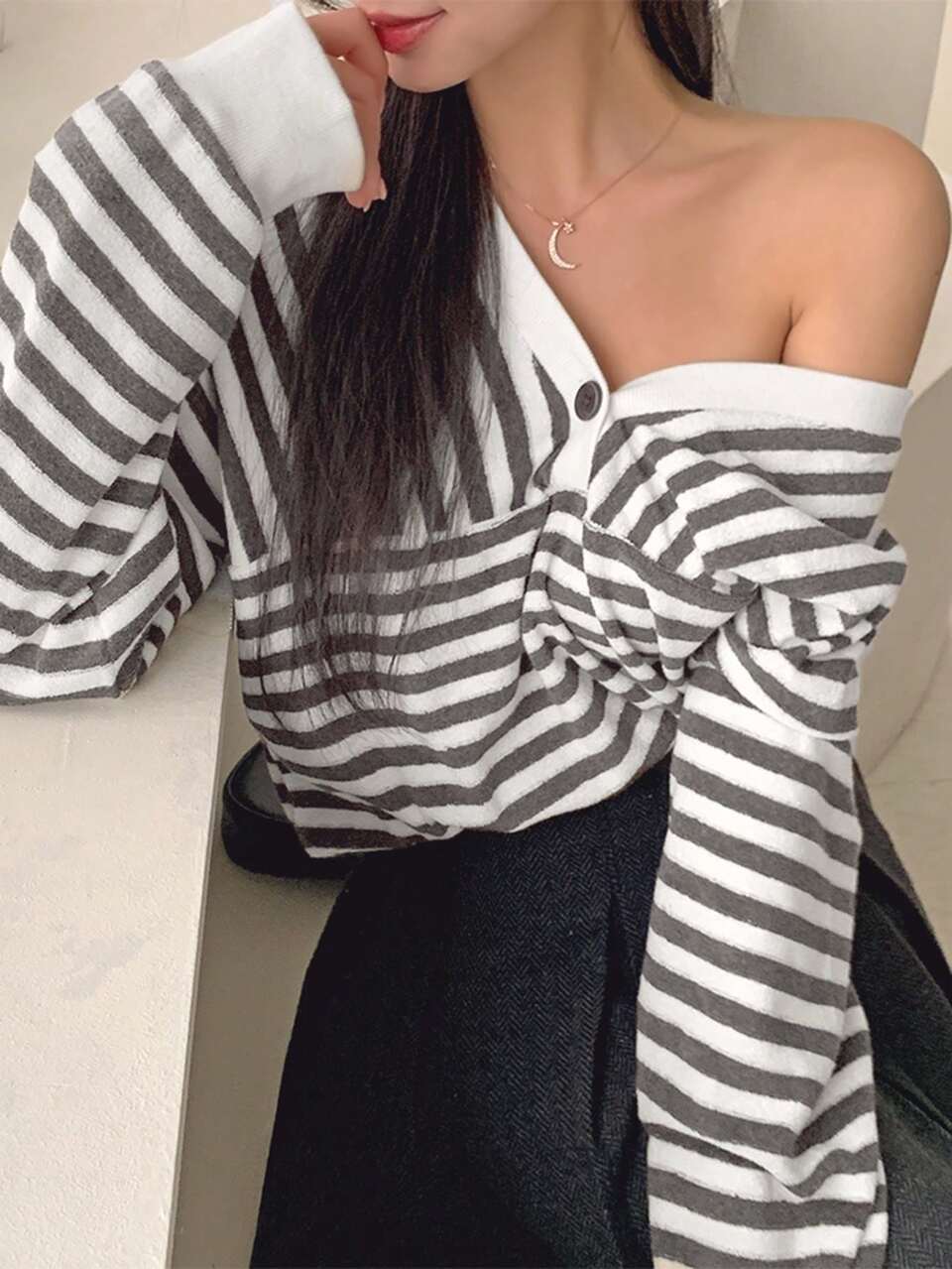 Women's Casual V-Neck Colorblock Striped Sweatshirt, Autumn