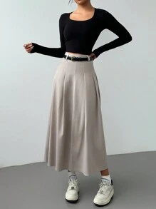 Chiquease 春秋新款高腰A字及膝百褶裙 - 灰色 - 查看 3