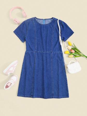 THE HAPPY LOOK Tonåring, flickor, blå jeans med rund hals, kortärmad A-linje, basfärgad enfärgad midja, casual klänning, höst/vinter