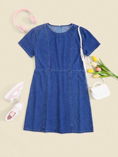 THE HAPPY LOOK 青少年女孩蓝色牛仔圆领短袖 A 字型基本款纯色腰部收紧休闲连衣裙，秋冬