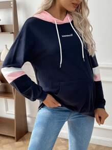 SHEIN Pregnant Women's Casual Color Block Letter Printed Drawstring Hooded Sweatshirt, Autumn, For Maternity, For Winter