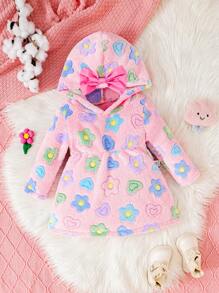 SHEIN 女婴冬季保暖羊毛连帽爱心与花朵图案印花长袖休闲连衣裙 - 粉色 - 查看 1