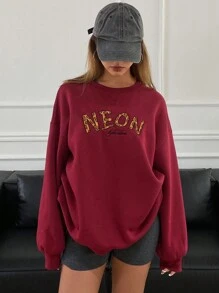 DAZY Women's Loose Fit Letter Embroidered Crew Neck Sweatshirt,Fall Women Clothes - Red - View 7