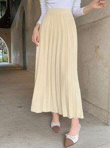 DAZY 纯色百褶女式针织裙，秋装 - 米色 - 查看 8