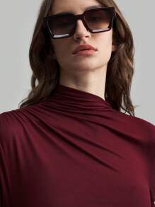 Ontre 女秋冬酒红色长袖立领优雅针织弹力连衣裙通勤立领百褶长裙教师装 - 玫瑰紅 - 查看 6