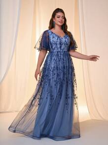 Váy lưới thêu ren tay chuông cỡ lớn màu tương phản cổ chữ V, váy dạ hội trang trọng, cho khách dự tiệc cưới, tốt nghiệp, tiệc tối - Màu xanh lam - Xem 6