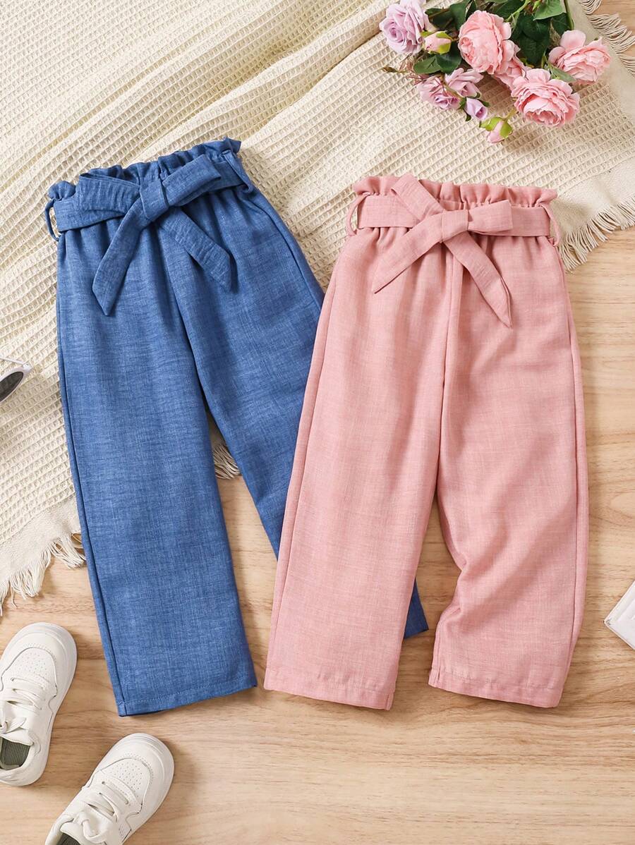 SHEIN Vintaside Kids 年轻女孩纯色款腰带纸袋腰踝长裤 - 彩色 - 查看 1