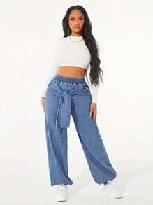 SHEIN Unity Women's Loose Waisted Knotted Pocket Wide Leg Casual Jogger Jeans - Medium Wash - View 5