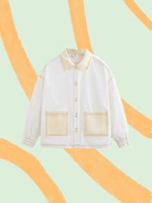SHEIN Tween Girl's Color Block Pocket Collar Dropped Shoulder Long Sleeve Woven Casual Vacation Jacket, Autumn/Winter - Beige - View 4