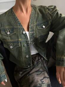 DAZY جاكيت جينز نسائي بياقة على شكل حرف V وأكمام طويلة منتفخة وجيب وشق، مغسول بطريقة عتيقة، مزين بكشكشة، ملابس خريفية - الأزرق - مشاهدة 3