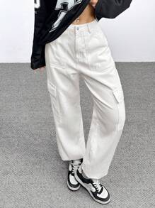 SHEIN EZwear Quần Jeans ống bo gấu thời trang thu/đông Essentials dành cho nữ - trắng - Xem 6