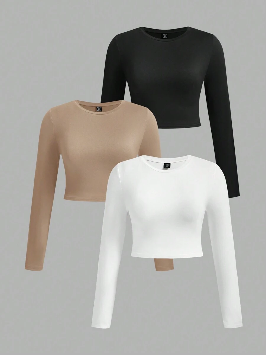 SHEIN EZwear 3pcs/Set Casual Minimalist Crew Neck Long Sleeve Fitted Cropped Plus Size T-Shirts, Suitable For Summer - Multicolor - View 1