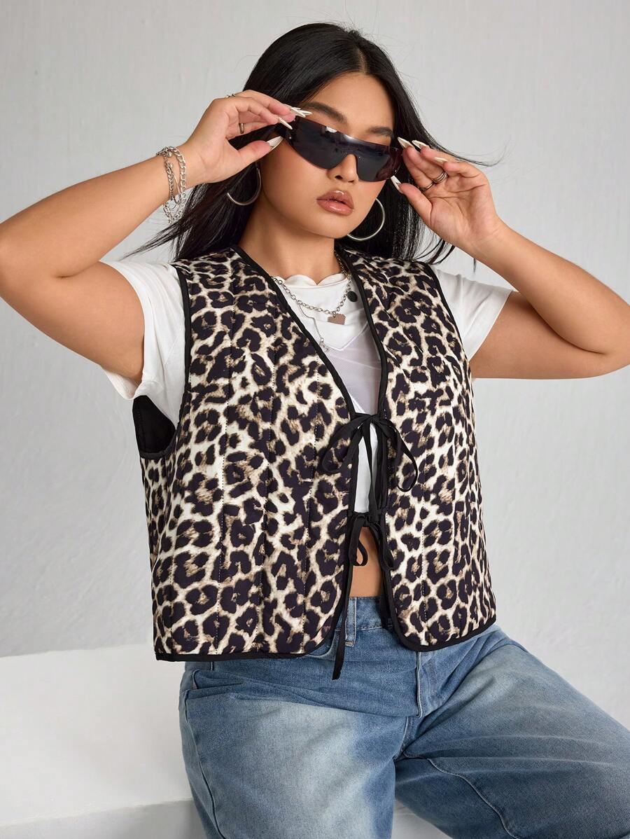 SHEIN ICON 大码女式短款豹纹背心，秋季夹克 - 彩色 - 查看 1