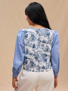 Forever 21 大码女式花卉图案泡泡袖衬衫，春季和秋季 - 藍色 - 查看 2