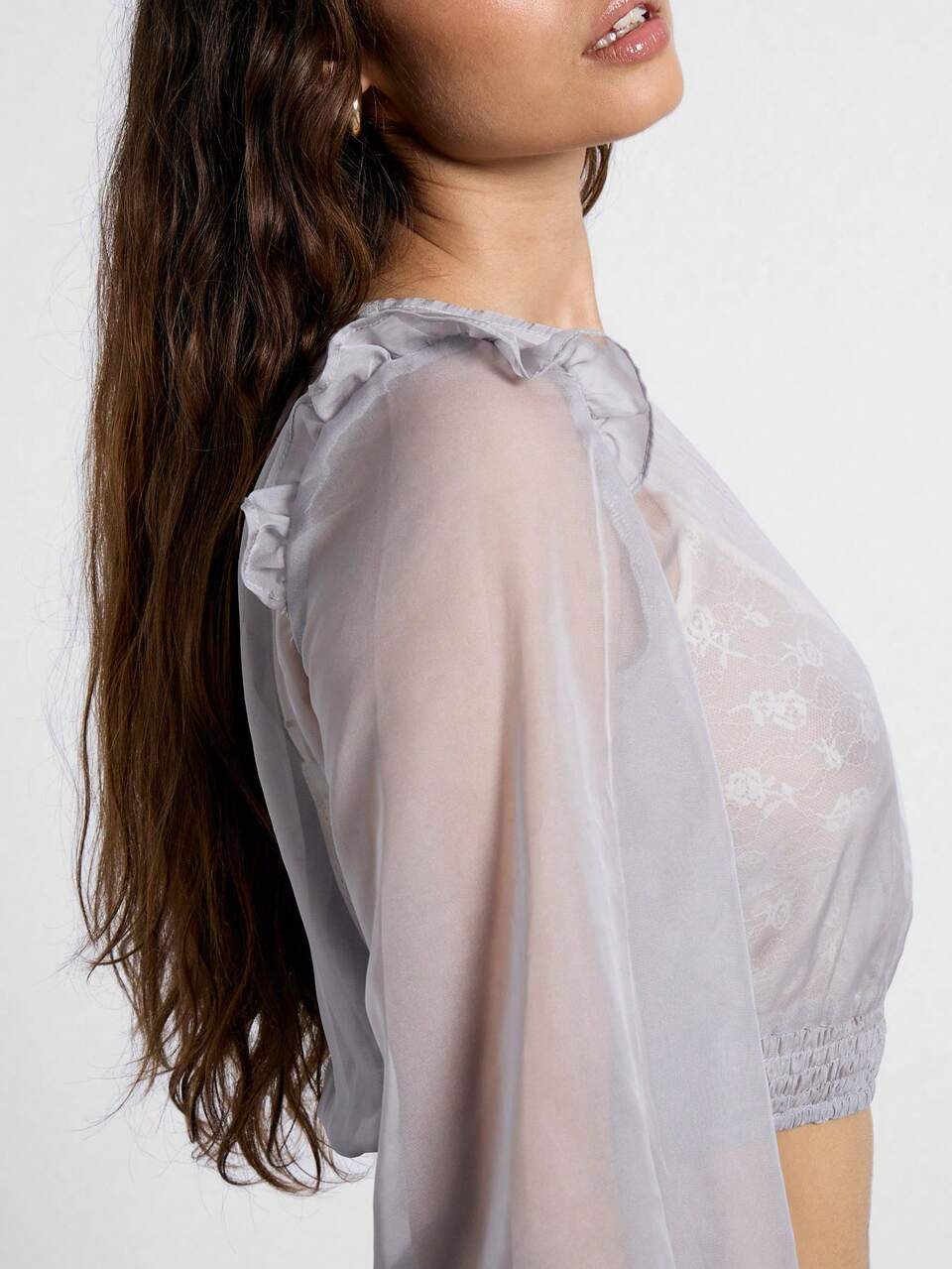 AiiRZ Boho Sheer Ruffle Trim Balloon Sleeve Crop Top