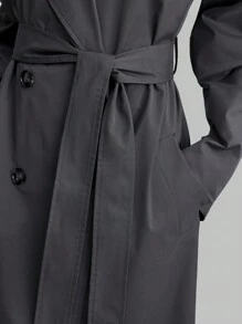 Ontre Áo khoác dài ve dài màu xám, hai hàng khuy, dài thêm - Màu xám đen - Xem 8