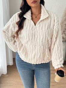 SHEIN Frenchy Plus Size Reversible Coral Fleece Sweatshirt, Autumn/Winter Fall - Apricot - View 2