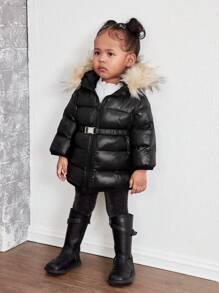 女婴可爱纯色保暖内衬连帽夹克，秋冬