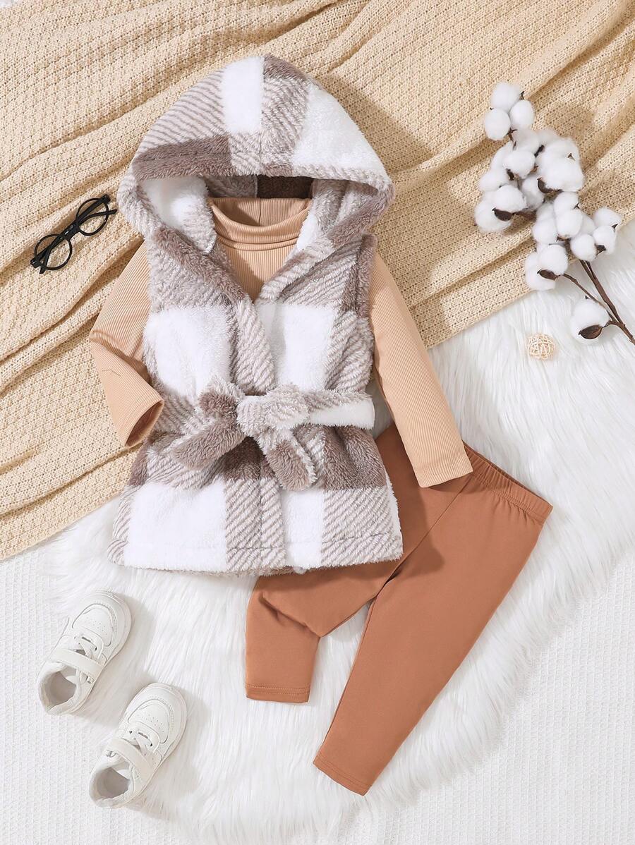 SHEIN Conjunto de 3 piezas de ropa casual para bebé niña: chaleco acogedor y abrigado, básico en negro y blanco - Multicolor - Ver 1